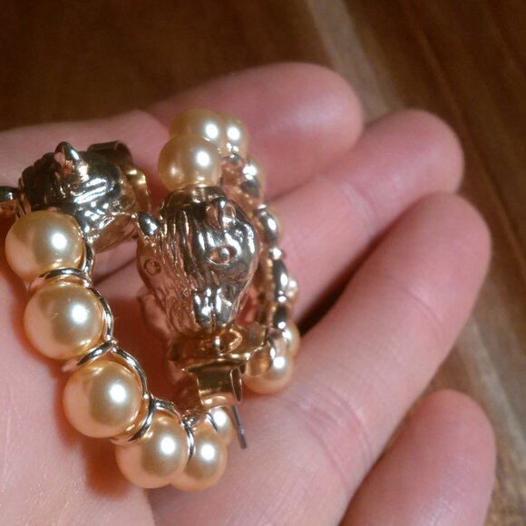 Golden Shell Pearl and Leopard Lock Goldtone Half Hoop Earrings - Picture 11 of 16